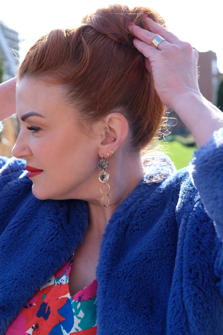 Cate Blanchett Rose gold/Rainbow glitter earrings