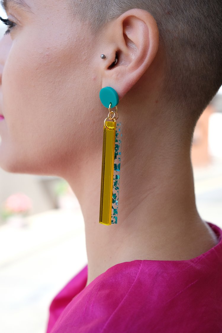 'Isabella Rossellini' in teal, mirrored Earrings -A Little Idea