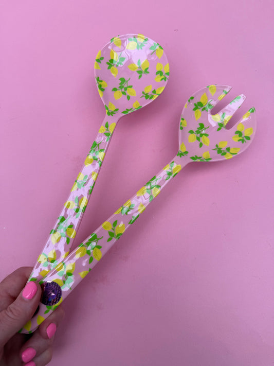 Lemon print salad spoon & fork