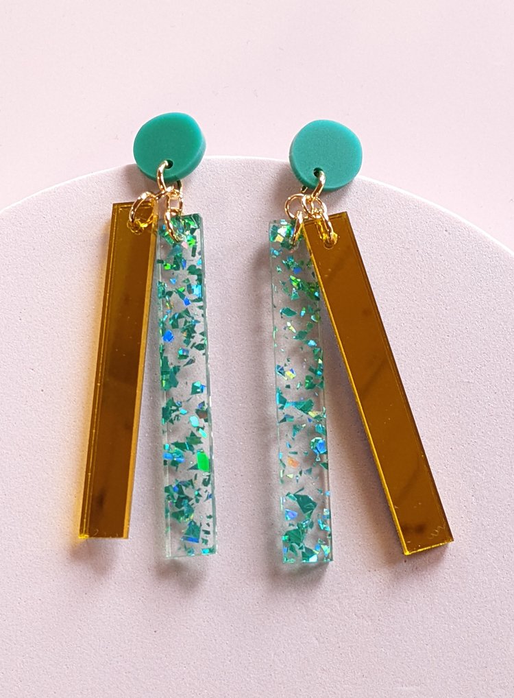 'Isabella Rossellini' in teal, mirrored Earrings -A Little Idea